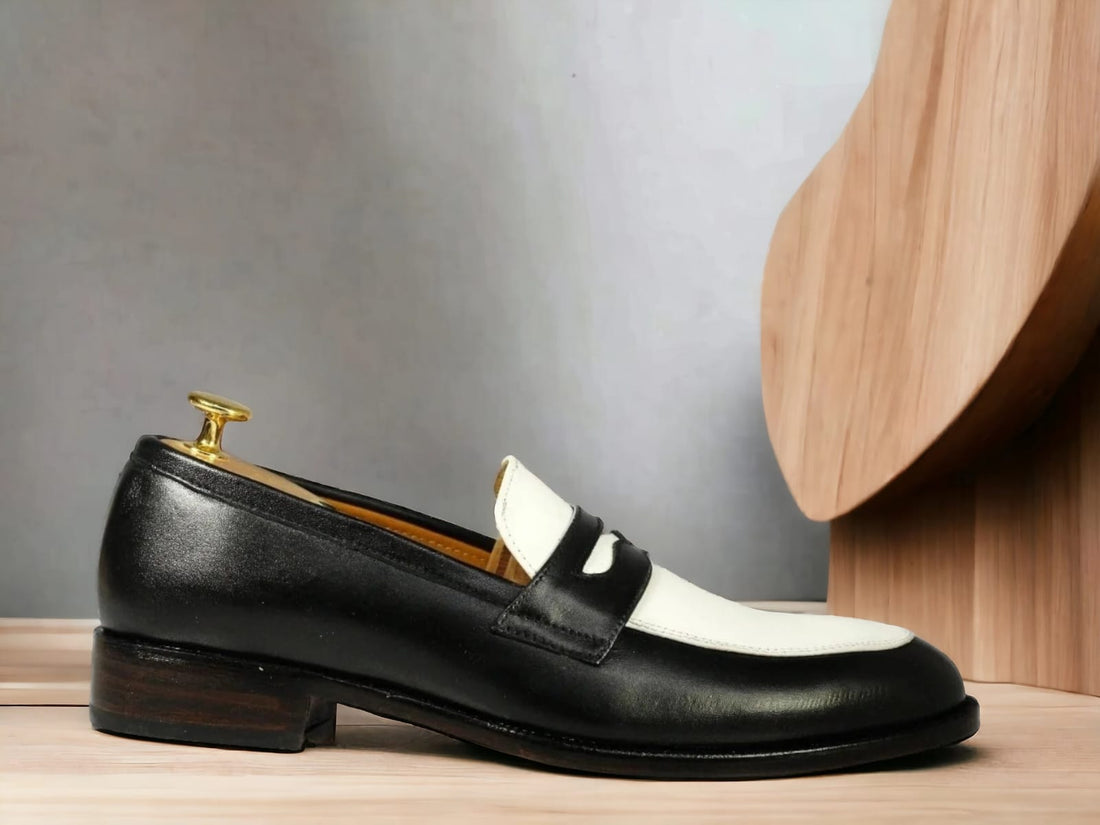 Penny Loafer Shoes for Men in Black and White Color, Handmade Designer Loafers for Mens