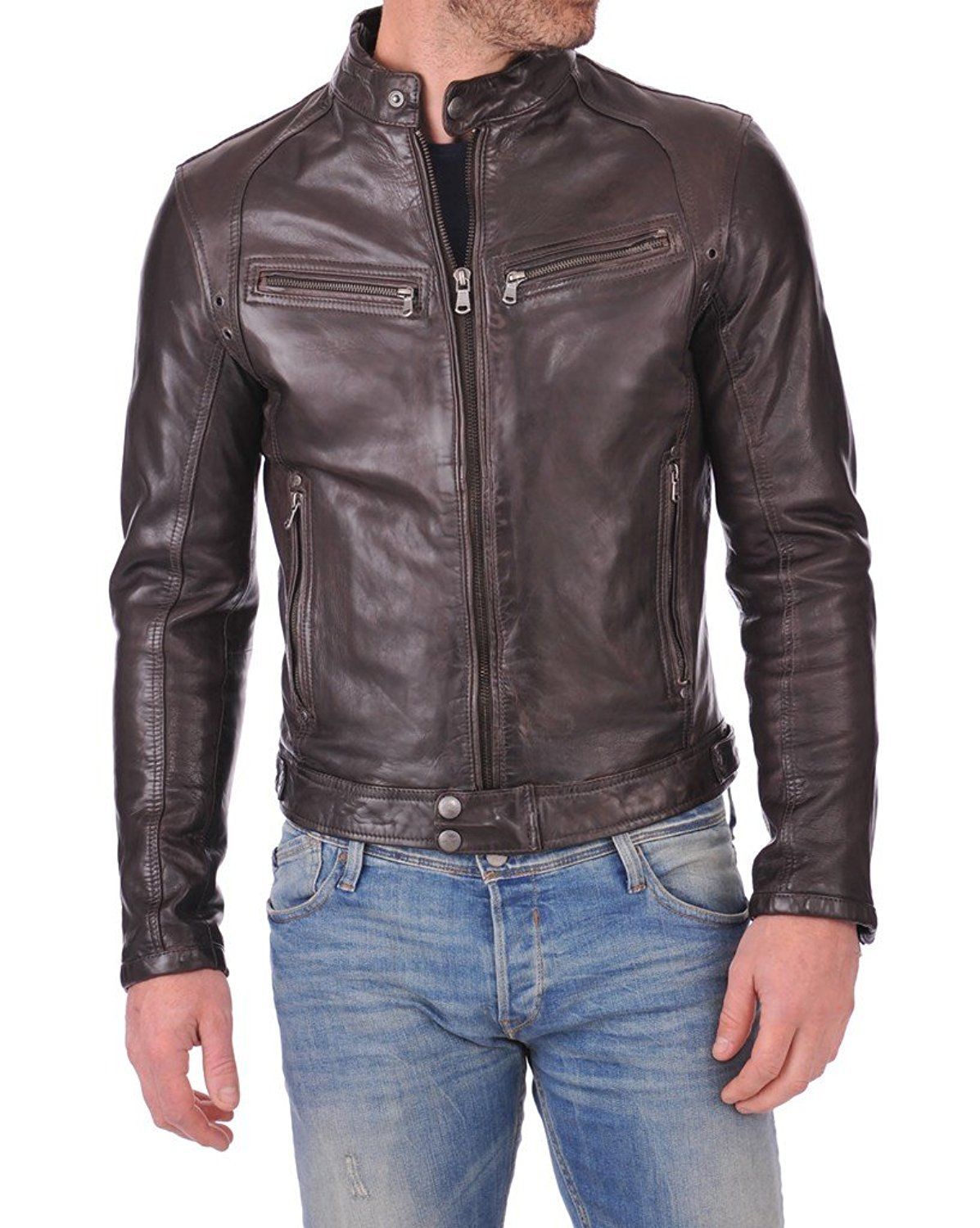 Men’s Genuine Lambskin Leather Chocolate Brown Bomber Slim Fit Biker Leather Jacket