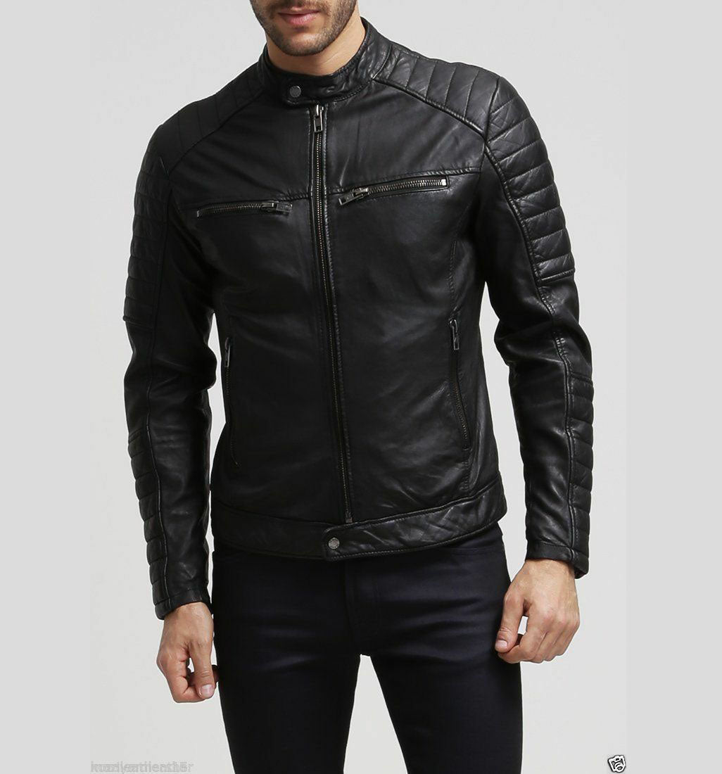 New Men’s Stylish Slim Fit Black Genuine Lambskin Real Leather Biker Jacket