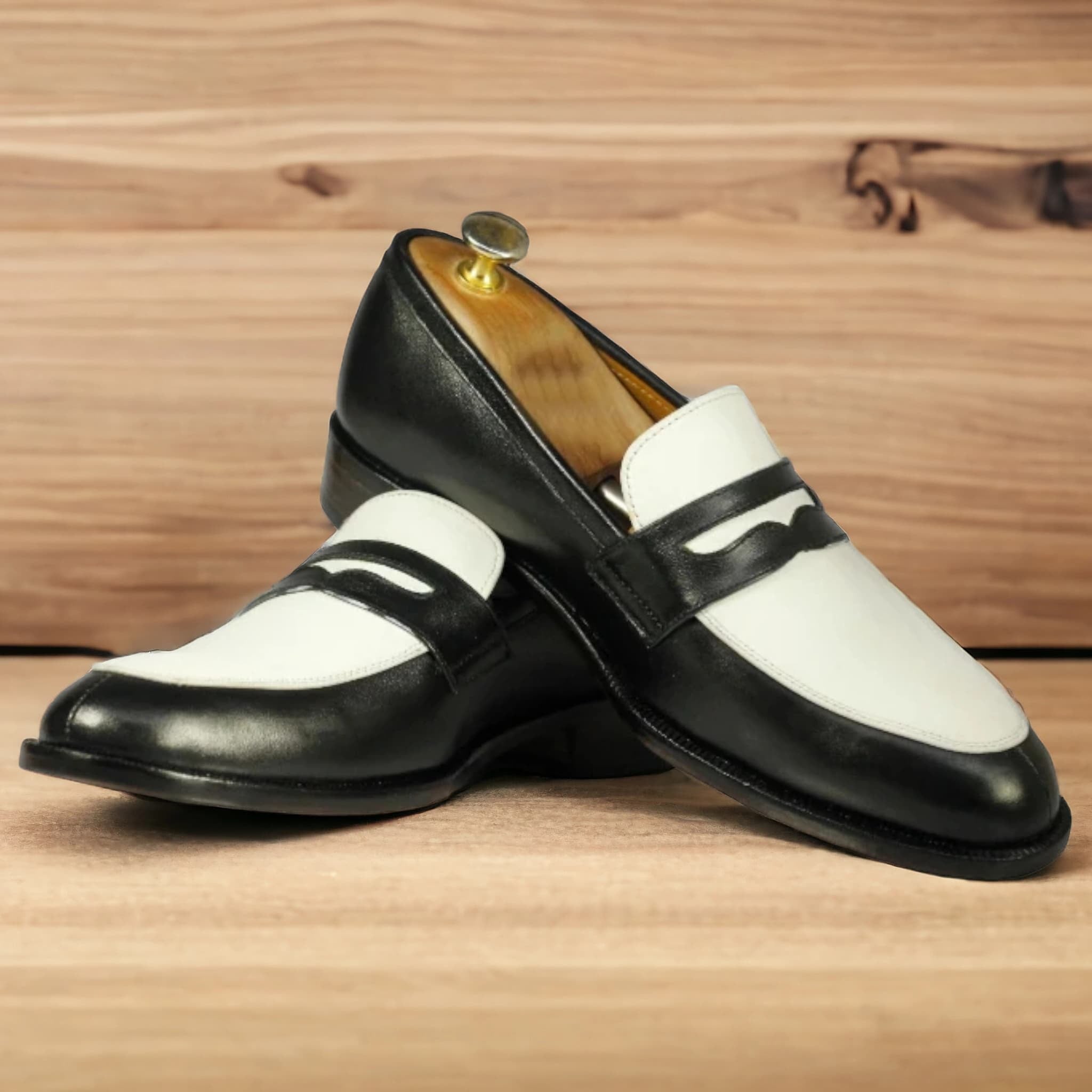 Penny Loafer Shoes for Men in Black and White Color, Handmade Designer Loafers for Mens