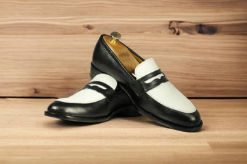 Penny Loafer Shoes for Men in Black and White Color, Handmade Designer Loafers for Mens