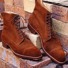 Mens Handmade Formal Brown Color Suede Lace Up Boots, Men Ankle High Cap Toe Boots