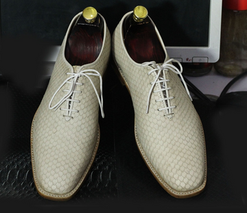 Mens Beautiful Handmade Cream Color Python Texture Leather Oxford Shoes, Men’s Stylish Lace Up Shoes